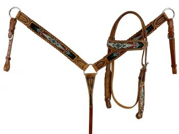 Showman Browband beaded Headstall and Breast collar Set with brown rawhide lacing accents